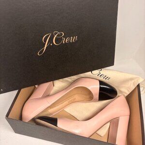 J. Crew Pink Leather Block‎ Heel Pumps with Black Cap Toe